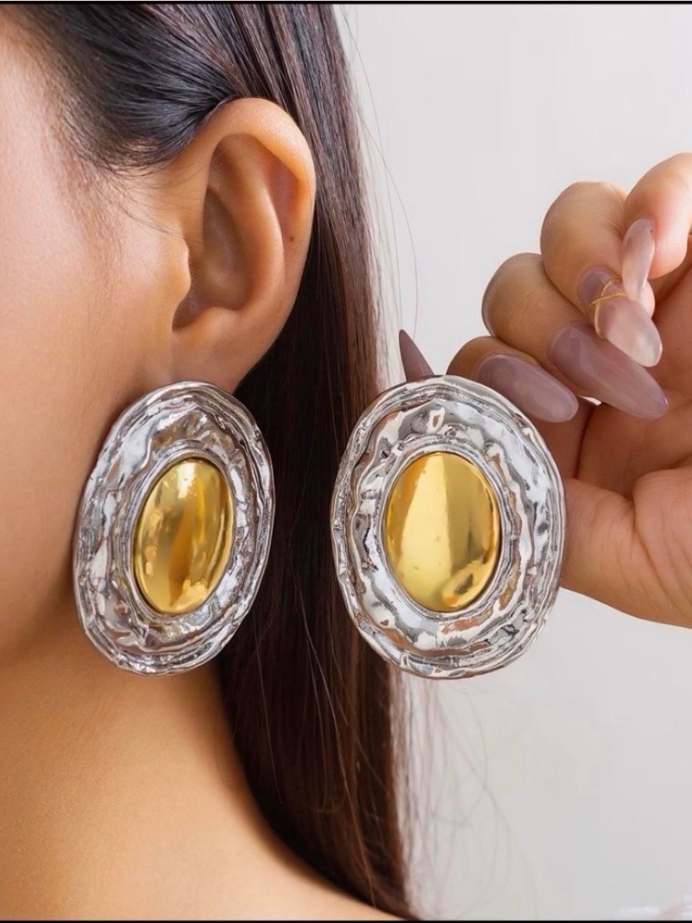 Elegant Two-Tone Oval Statement Earrings - Gold & Silver
